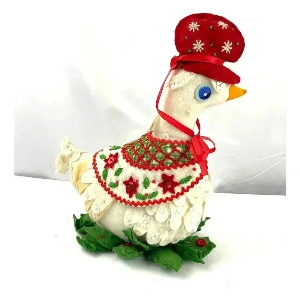VTG Handmade Holiday Felt Duck Christmas Sequined Beaded 11"